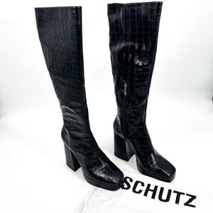 Schutz Colira Platform Knee High Boots in Black Leather Size 9.5